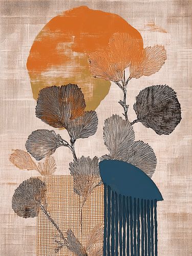 Art Wabi-Sabi : botanique, abstrait, feuilles aux teintes chaudes du style Japandi