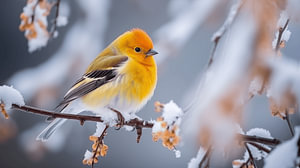 Erithacus rubecula  Rotkehlchen auf einem verschneiten Ast im Winter