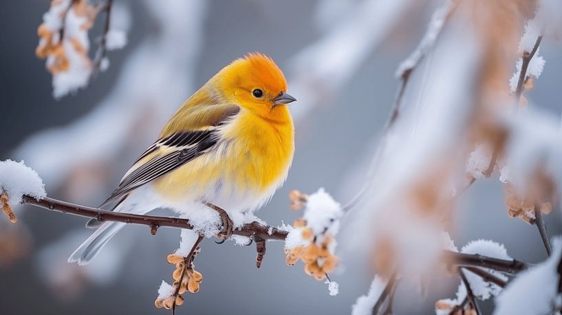 Erithacus rubecula Rouge-gorge sur une branche enneigée en hiver par Animaflora PicsStock