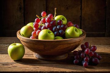 Houten fruitschaal gevuld met druiven en appels van Jan Bouma