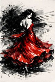 Elegant Dancing Woman in Red Dress Art by Faheem Beigh