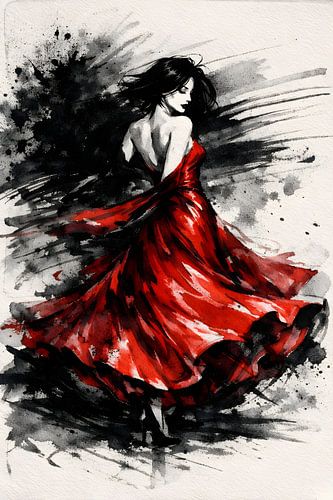 Kunstwerk: Elegante dansende vrouw in rode jurk