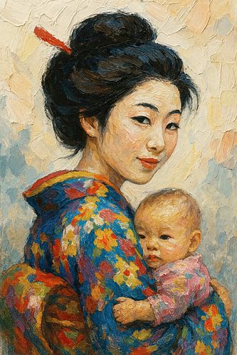 Mother love in kimono (portrait painting mother child Japan love colourful)