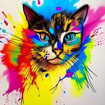 Portret van een kat VII - kleurrijk popart graffiti van Lily van Riemsdijk - Art Prints met Kleur