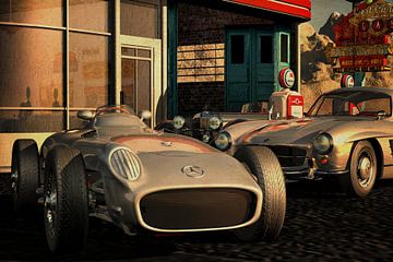 Mercedes W196 Silver Arrow 1954 with vintage cars Petrol station by Jan Keteleer