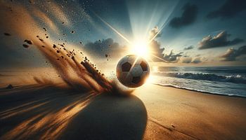 Spel bij zonsondergang: Voetbal op het strand