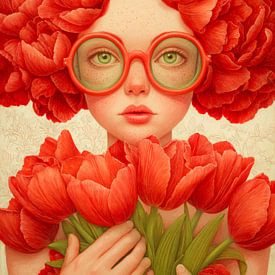 Surrealistisches Porträt mit roten Blumen und runder Brille von But First Framing