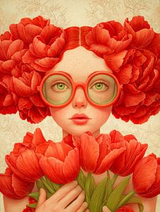 Surrealistisches Porträt mit roten Blumen und runder Brille
