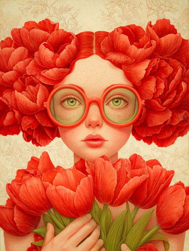 Surrealistisches Porträt mit roten Blumen und runder Brille
