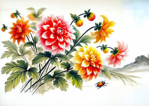 Dahlia's in Aziatische inktschilderijen