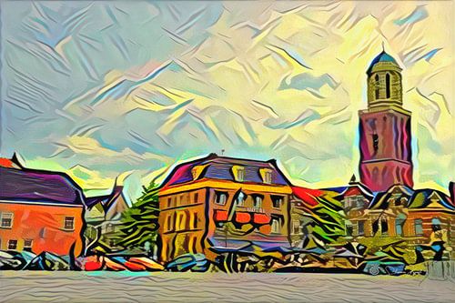 Kleurrijk Schilderij Zwolle: Rodetorenplein met Peperbus in stijl Picasso
