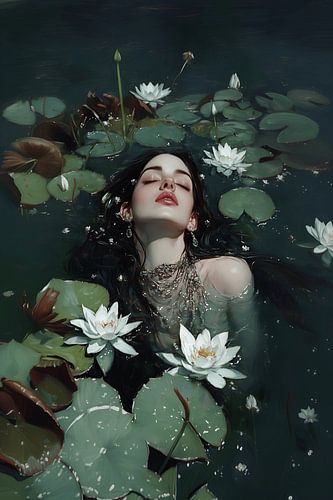 Victorian mermaid in the moonlit water lily pond