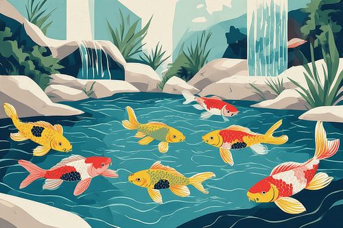 Koi Fish Pond Wall Art – Zen Waterfall Garden Illustration for Relaxing Decor