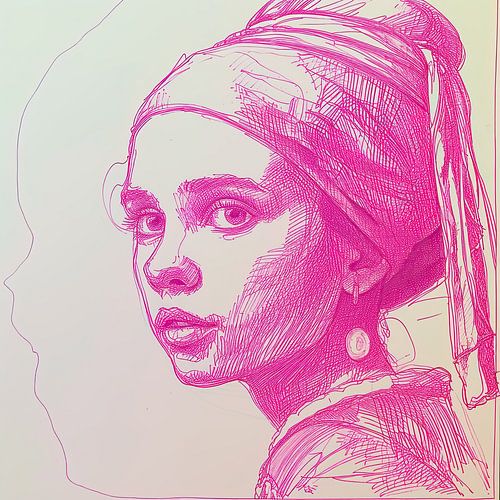 Pen tekening meisje met de parel in roze inkt