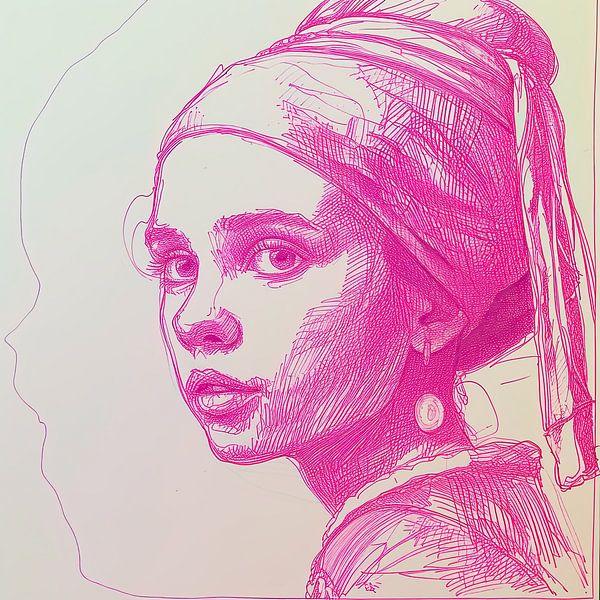 Pen tekening meisje met de parel in roze inkt van Vlindertuin-Art