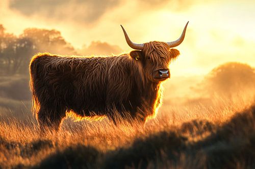 Schotse hooglander in gouden licht