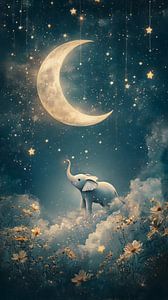 Elefant im Mondlicht zwischen Sternen und Blumen