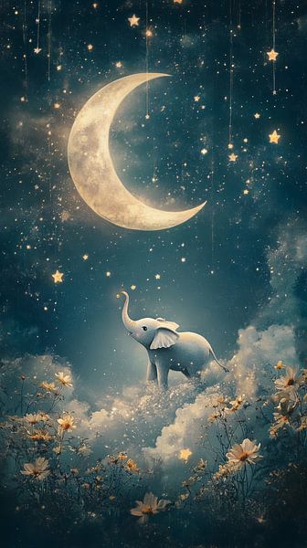 Elephant in Moonlight among Stars and Flowers by Eva Lee
