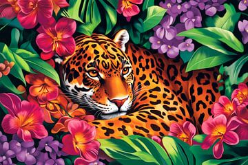 Jaguar hidden among colourful flowers by Poster Art Shop