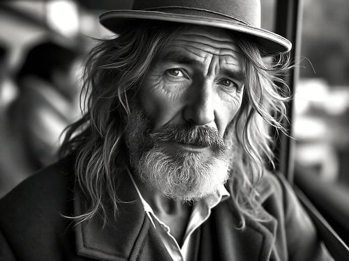 Portret van een knappe man een baard en hoed.