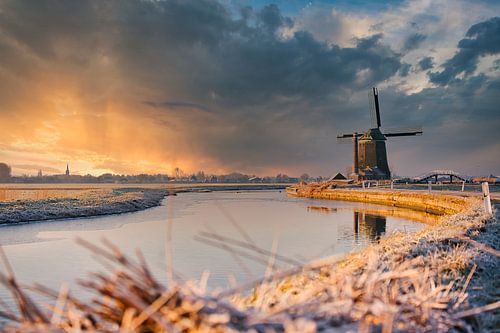 Frozen landscape of west friesland with mill