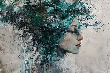 Abstract Profiel van een Vrouw in Turquoise van De Muurdecoratie