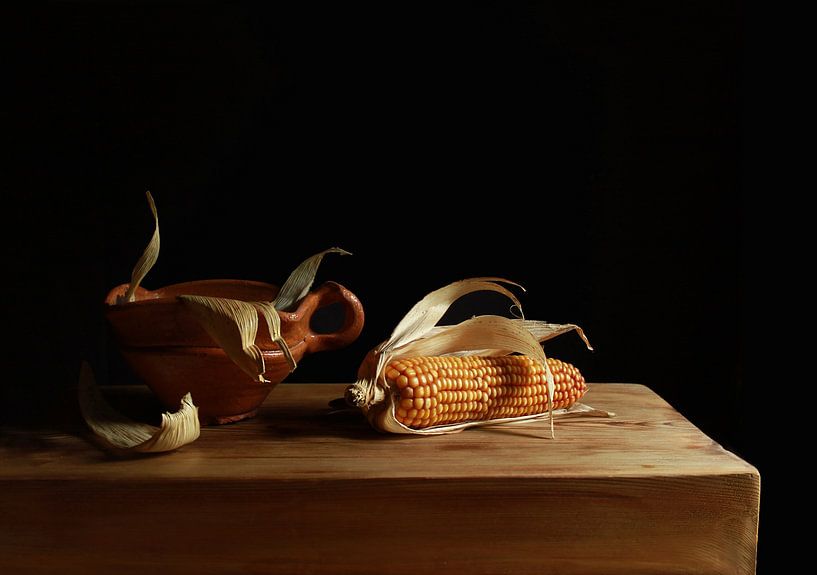 Still life with old bowl and corn on the cob by Ton Meijer