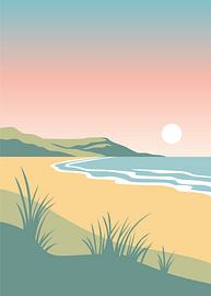Minimalistische Vektorillustration eines ruhigen Sandstrandes mit Dünen bei Sonnenuntergang