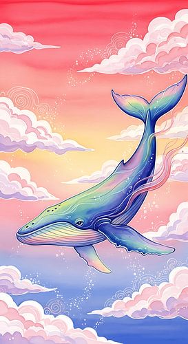 Whimsical Watercolor Whale Flying in Pastel Sky Poster | Gradient Ocean Fantasy Wall Art