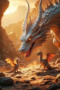 Fantasy Gothic Wall Art: MYRAVELTHA - The Female Dragon with her Dragon Babies