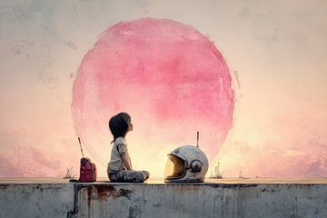 Kind mit Astronautenhelm auf rosa Planet - verträumte Malerei