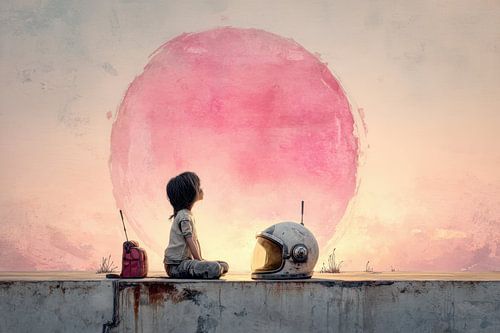 Child with Astronaut Helmet at Pink Planet - Dreamy Painting