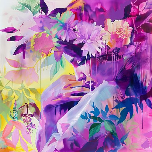 Verträumte Komposition aus Blumen und Frauenporträt