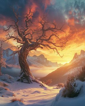 Mystieke boom bij zonsondergang van fernlichtsicht