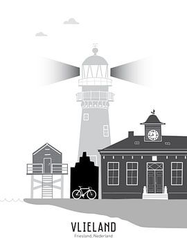 Skyline-Illustration für die friesische Insel Vlieland schwarz/weiß von Mevrouw Emmer