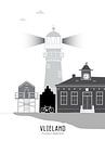 Skyline illustratie waddeneiland Vlieland zwart-wit-grijs van Mevrouw Emmer thumbnail