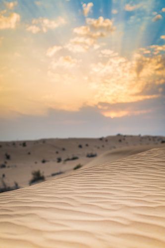 Zonsondergang boven zandduinen in de woestijn van Dubai