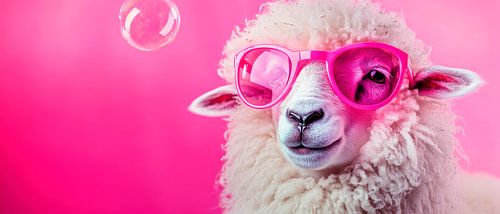 Schaap met zonnebril tegen roze achtergrond
