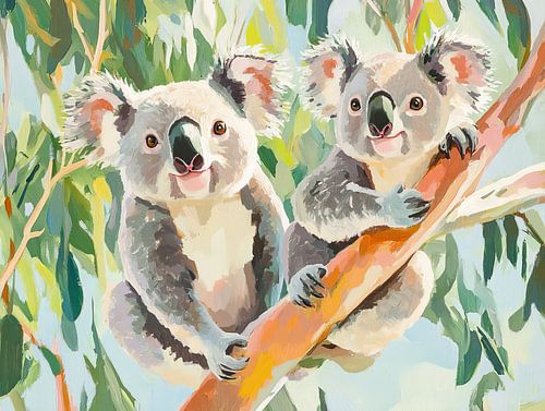 Koala's auf Ast | Fröhlicher Koala's auf Ast mit Blättern
