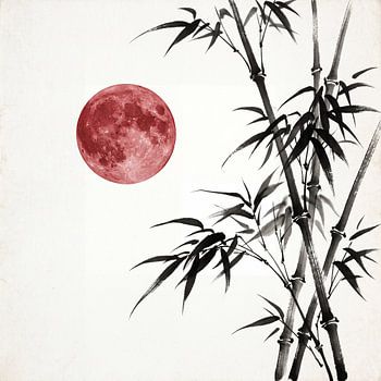Serene Zen Bamboo Grove with Textured Crimson Full Moon Ink Painting