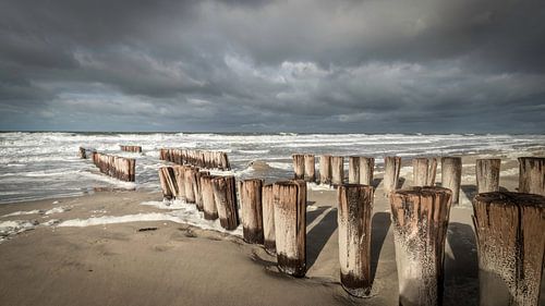 Paalhoofden aan stormachtige Zeeuwse kust van Michel Seelen