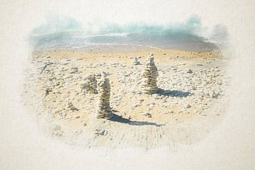 Stapel van witte stenen op het strand in waterverf van Youri Mahieu