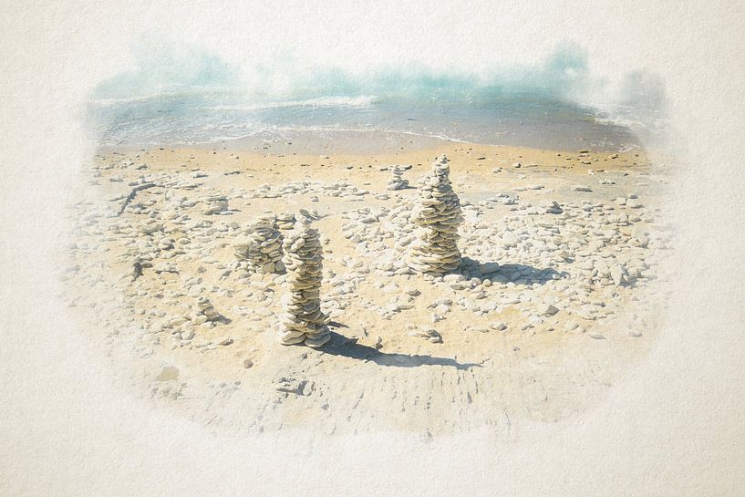 Haufen von weißen Steinen am Strand in Aquarell von Youri Mahieu