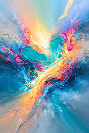 Turkoois en Roze Abstract Schilderij: Vonken die Naar Buiten Stralen