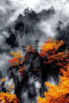 Paysage de montagne automnal en noir et blanc sur Poster Art Shop