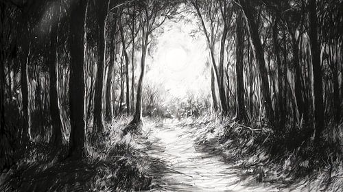 Path through gloomy forest to the clearing