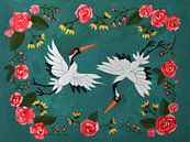 Dansende Japans Aziatische Kraanvogels uit het Oosten met Bloemen en roze Rozen van Anita Letuve thumbnail