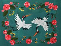 Dansende Japans Aziatische Kraanvogels uit het Oosten met Bloemen en roze Rozen
