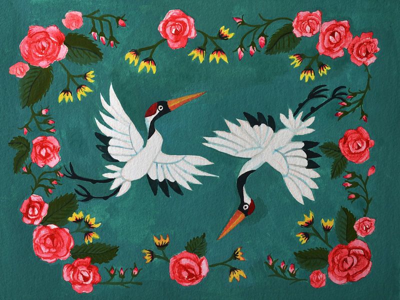 Dansende Japans Aziatische Kraanvogels uit het Oosten met Bloemen en roze Rozen van Anita Letuve