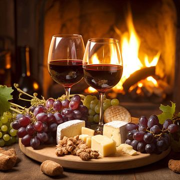 Still life of wine, cheese and fireplace by Black Coffee